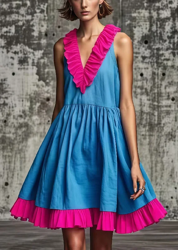 Mega Sale spaghetti strap dressWomen Blue Ruffled Patchwork Cotton Mid Dress Summer