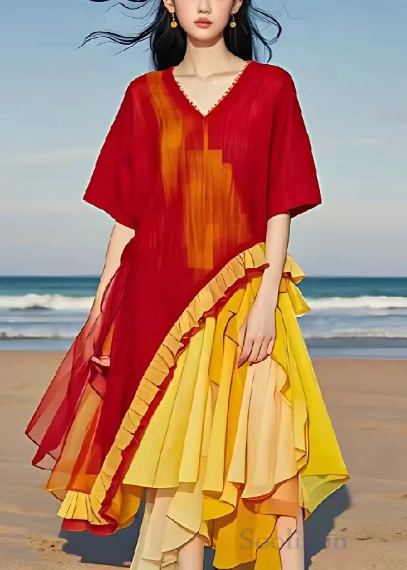 New Arrival office dressItalian Red V Neck Ruffled Patchwork Chiffon Dress Summer
