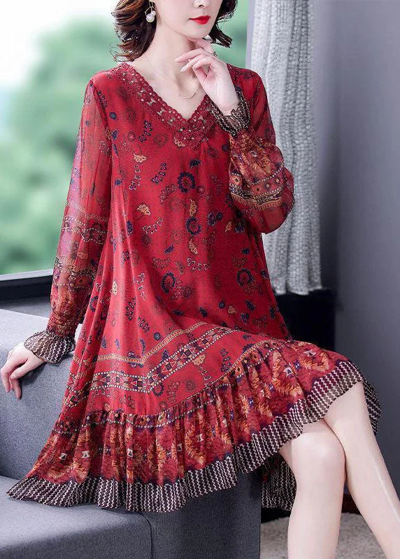 mini dressModern Red V Neck Patchwork Ruffles Print Silk Dresses Long Sleeve