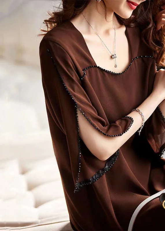 stylish dressBoutique Coffee Patchwork Nail Bead Chiffon Mid Dresses Long Sleeve