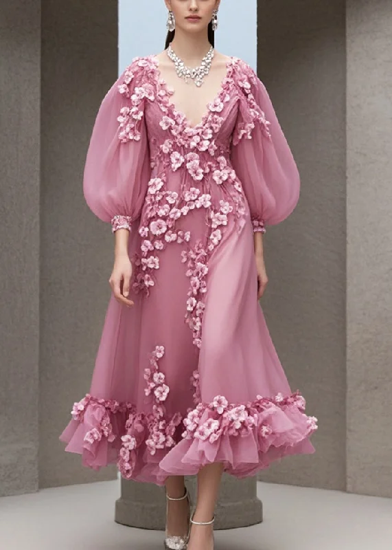 Weekend Flash Sale puff sleeve dressWomen Rose V Neck Three-dimensional Floral Chiffon Dress Fall
