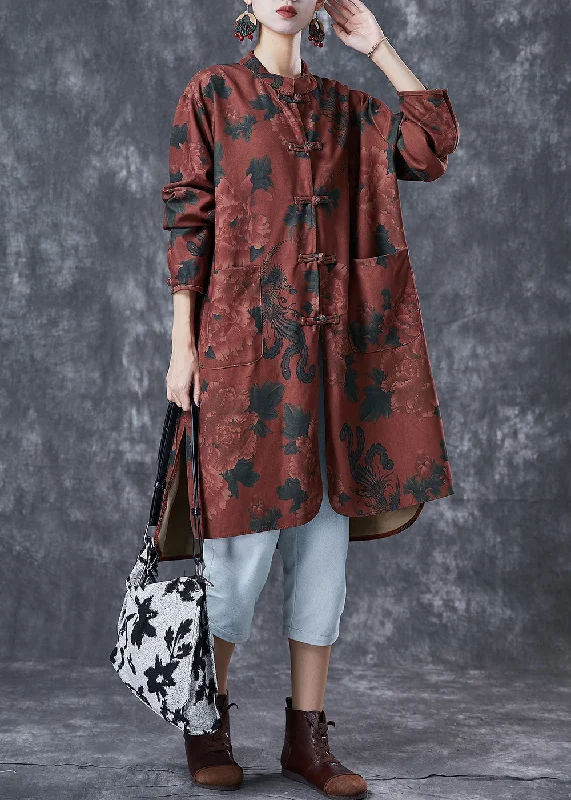 fitted cocktail dressDull Red Floral Print Linen Chinese Style Shirt Dress Fall