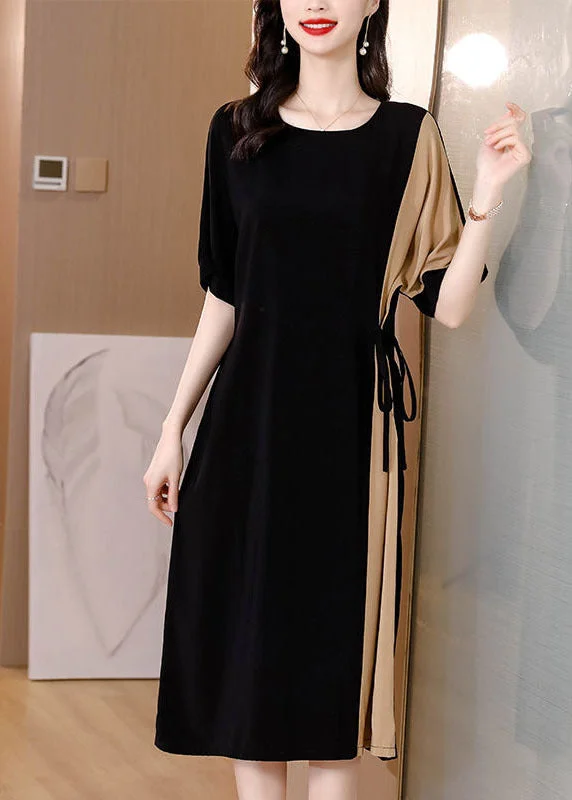 pleated maxi dressBlack Patchwork Chiffon Party Dress Tie Waist Pockets Short Sleeve