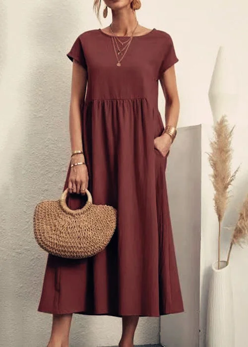 Closeout cocktail dressLoose Wine Red O Neck Pockets Solid Cotton Long Dresses Summer