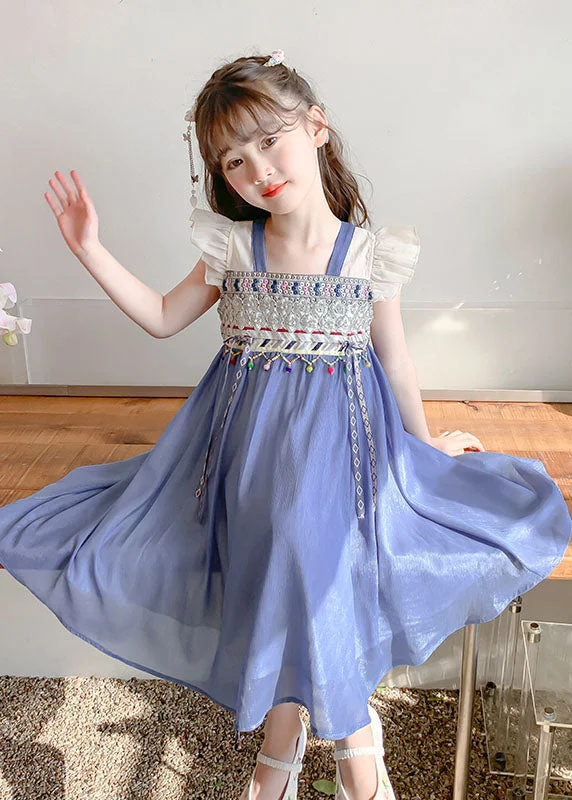 Grand Opening Sale luxury dressBoutique Blue Square Collar Patchwork Tassel Chiffon Kids Long Dresses Sleeveless Grand Opening Sale luxury dressBoutique Blue Square Collar Patchwork Tassel Chiffon Kids Long Dresses Sleeveless