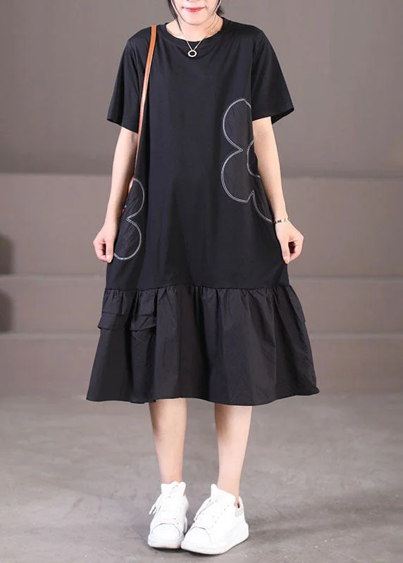 Midnight Madness puff sleeve dressBlack Patchwork Cotton Pleated Dress O-Neck Solid Color Short Sleeve