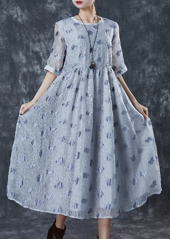 Deep Discounts v-neck dressModern Grey Floral Silk Holiday Dresses Summer