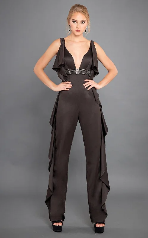 Incredible Offers Rachel Allan Couture - 8308 Embellished Deep V-neck Jumpsuit