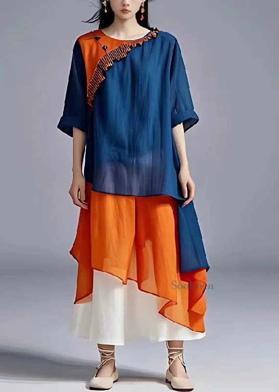 Clearance Sale boho dressLoose Blue O-Neck Patchwork Chiffon Long Dress Summer