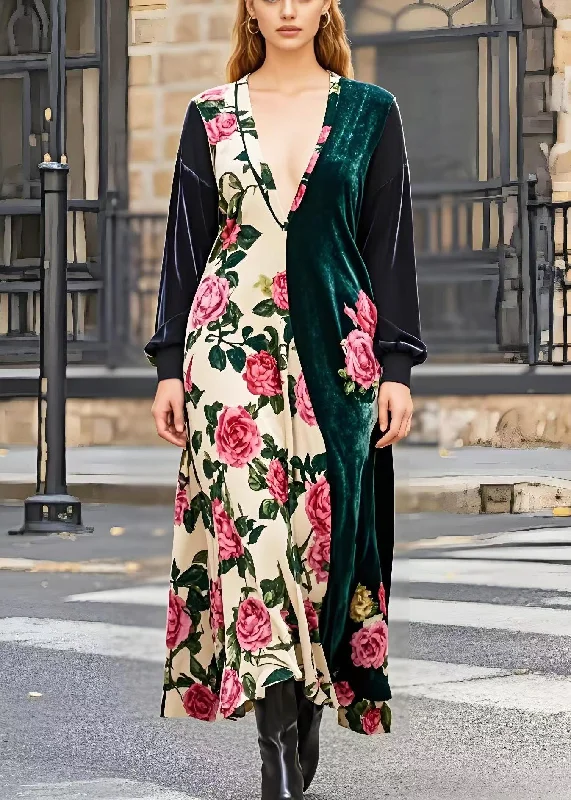 chic shift dressBeautiful Asymmetrical Patchwork Floral Silk Velvet Maxi Dresses Spring