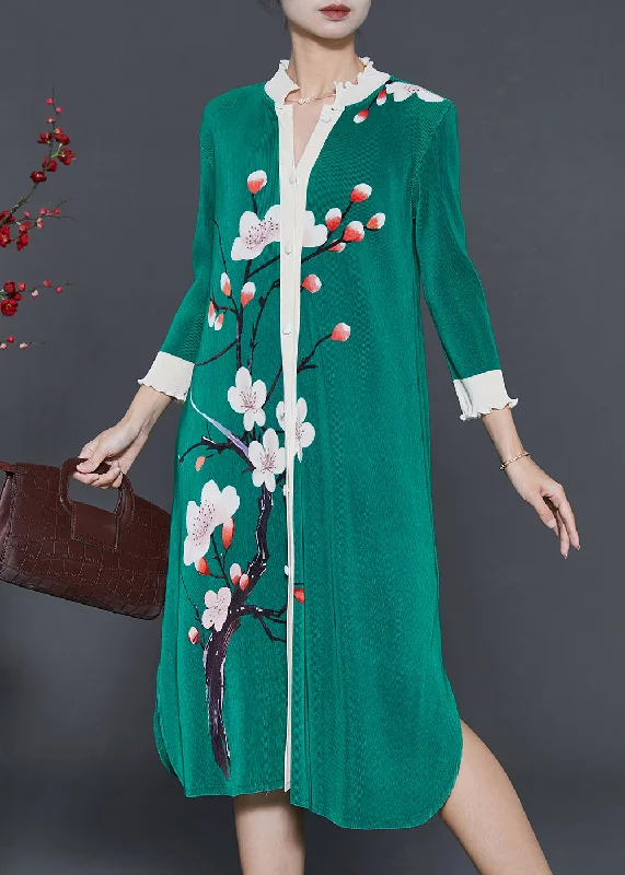 Exclusive Savings off-the-shoulder dressNatural Green Print Side Open Silk Robe Dresses Fall