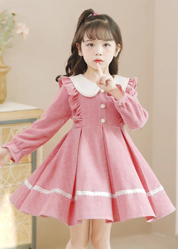 t-shirt dressPink Peter Pan Collar Ruffled Lace Patchwork Button Warm Fleece Kids Mid Dresses Long Sleeve