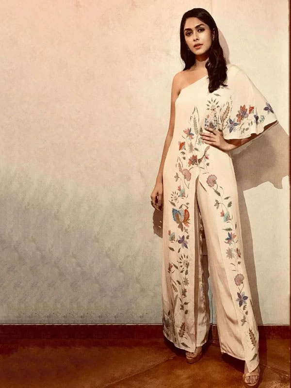 Limited Time Offer RI Ritu Kumar Beige Floral One-Shoulder Jumpsuit