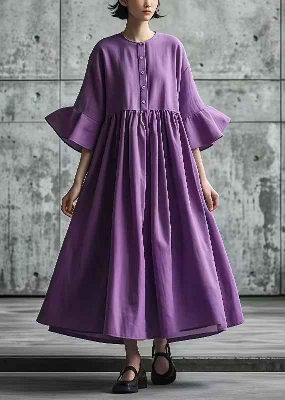 Stock Clearance fitted dressItalian Purple Oversized Exra Large Hem Cotton Long Dress Flare Sleeve