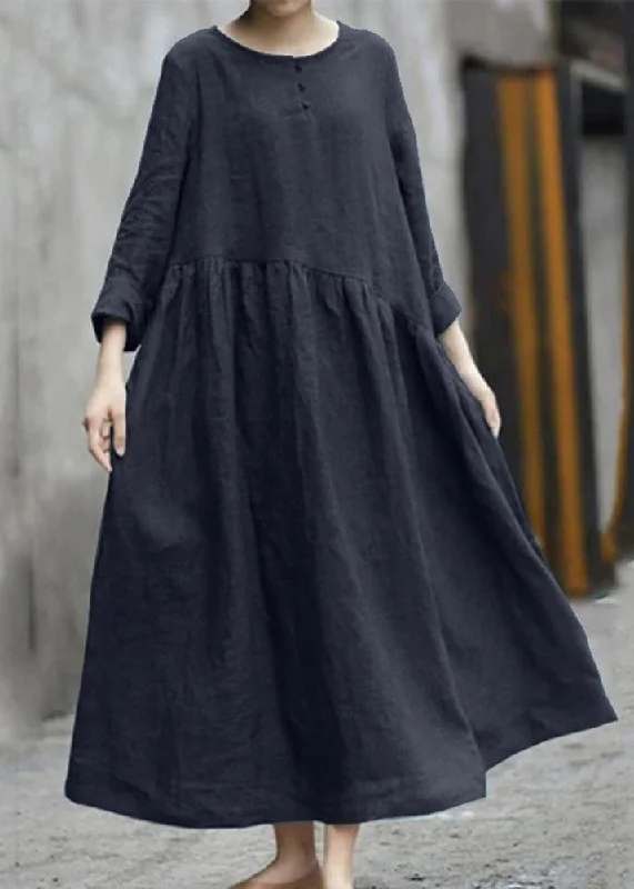Super Deal luxury dressSolid Color Black Cotton Linen Long Sleeve Swing Long Dress
