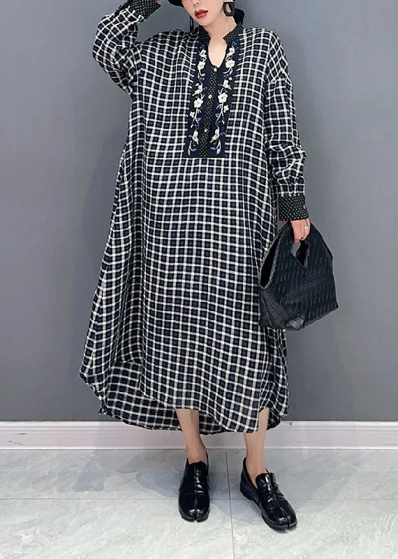 Friends and Family Sale casual shift dressBlack Plaid Cotton Robe Dresses Stand Collar Oversized Spring Friends and Family Sale casual shift dressBlack Plaid Cotton Robe Dresses Stand Collar Oversized Spring