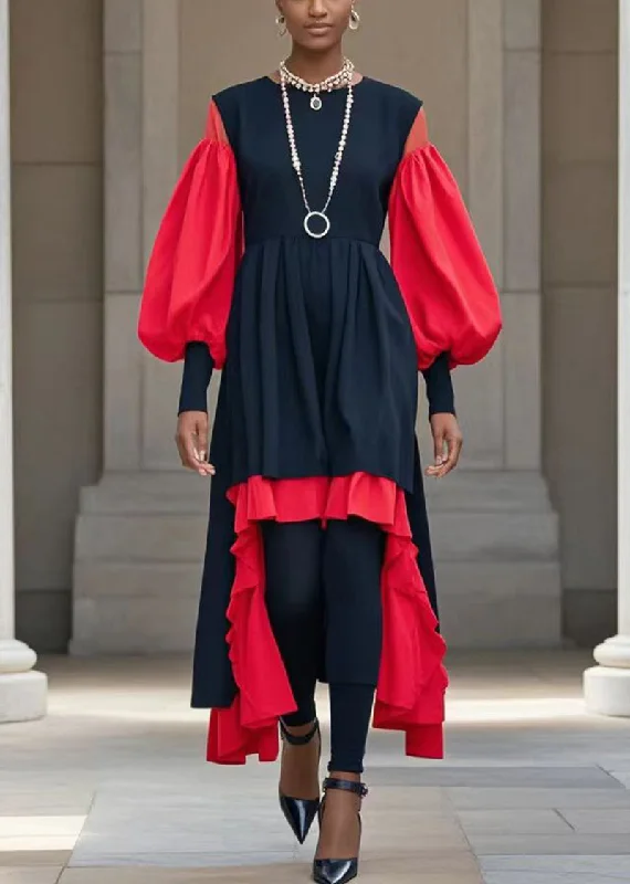 Big Savings comfy maxi dressBlack Red Patchwork Cotton Fake Two Piece Dresses Low High Design Lantern Sleeve Big Savings comfy maxi dressBlack Red Patchwork Cotton Fake Two Piece Dresses Low High Design Lantern Sleeve