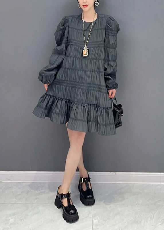 Super Savings knit dressModern Grey Patchwork Ruffles Cotton Mid Dress Puff Sleeve