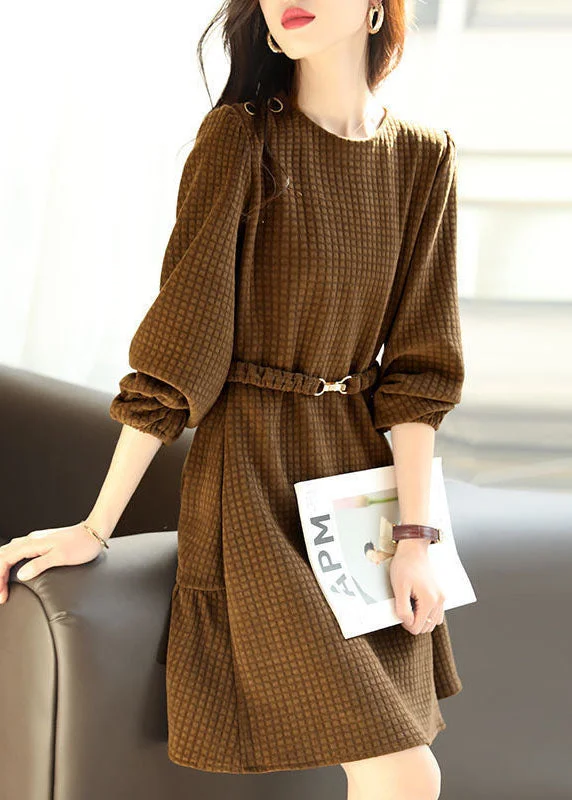 lace-up dressFrench Chocolate O-Neck Plaid Solid Color Sashes Cotton Holiday Dress Long Sleeve