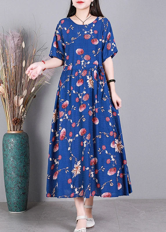 Act Now sleek dressBeach Blue O-Neck Print Drawstring Tie Waist Linen Vacation Dresses Short Sleeve