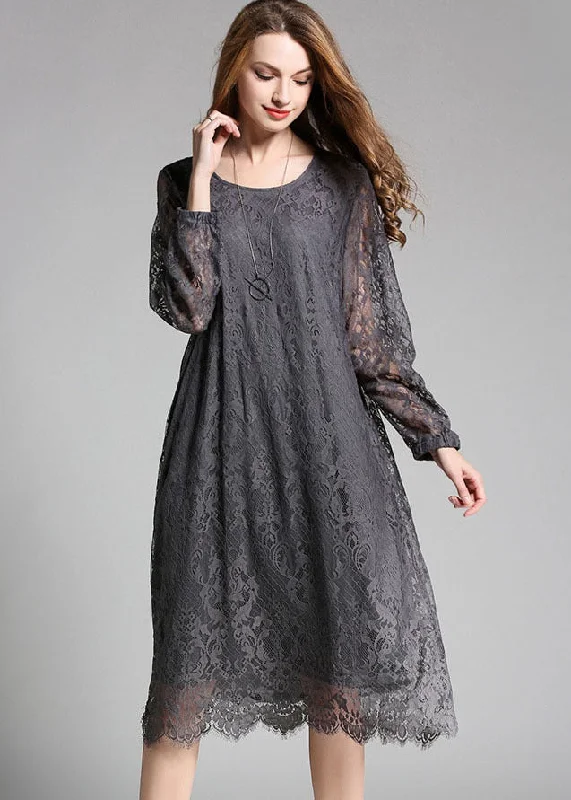 Closeout cocktail dressGrey Solid Lace Party Dress O-Neck Hollow Out Long Sleeve