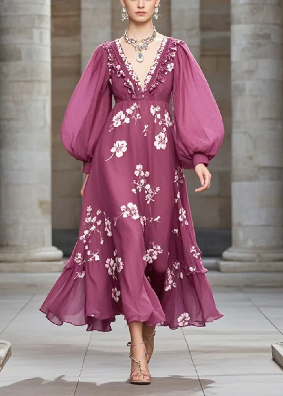 Massive Deals t-shirt dressElegant Purple Ruffled Print Chiffon Robe Dresses Fall