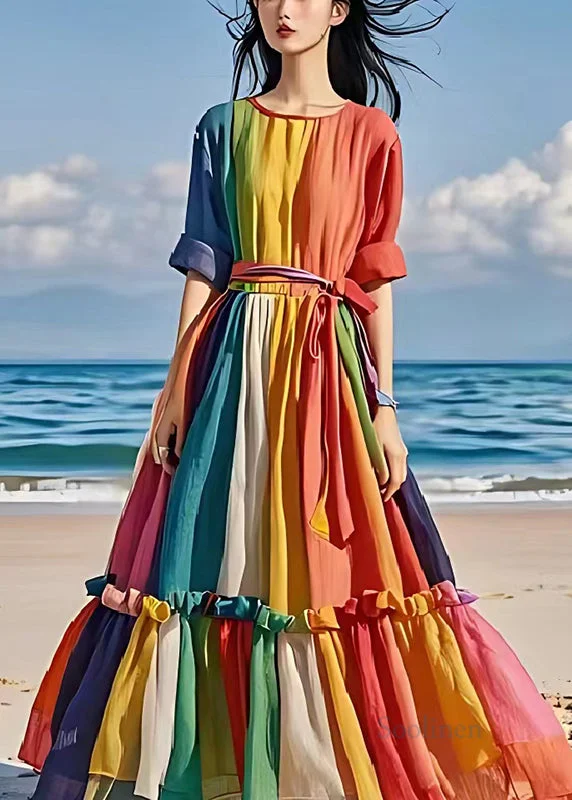 Fantastic Offers cocktail party dressRainbow Patchwork Linen Holiday Dress Exra Large Hem Summer Fantastic Offers cocktail party dressRainbow Patchwork Linen Holiday Dress Exra Large Hem Summer