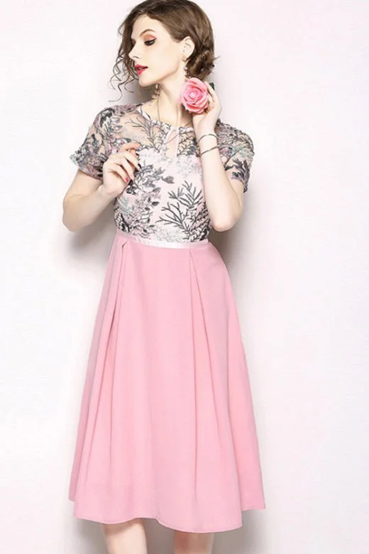 lace-up dressPink Floral Embroidered Chiffon Dress