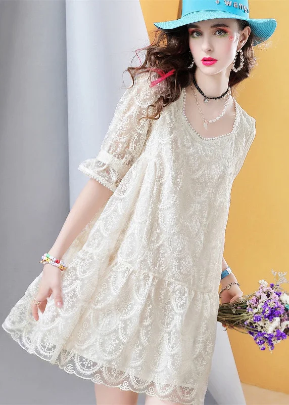 minimalistic dressFitted Beige Square Collar Nail bead Patchwork Lace Mid Dress Petal Sleeve