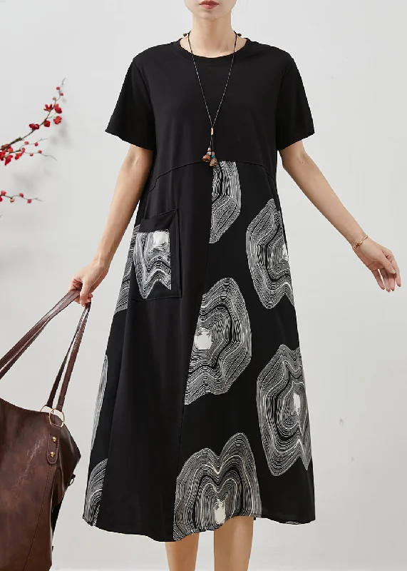 textured dressCasual Black Oversized Patchwork Print Cotton Long Dress Summer