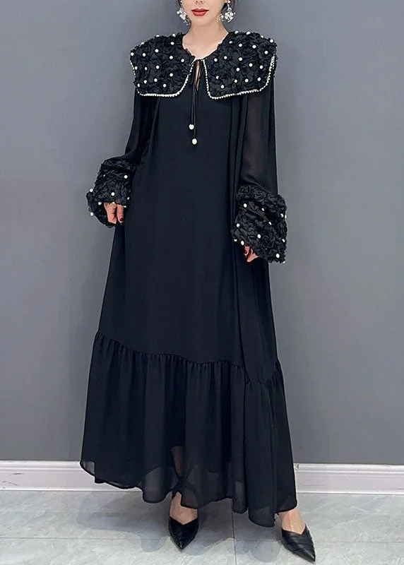Holiday Sale elegant maxi dressBoho Black Peter Pan Collar Nail Bead Patchwork Long Cotton Dress Spring Holiday Sale elegant maxi dressBoho Black Peter Pan Collar Nail Bead Patchwork Long Cotton Dress Spring