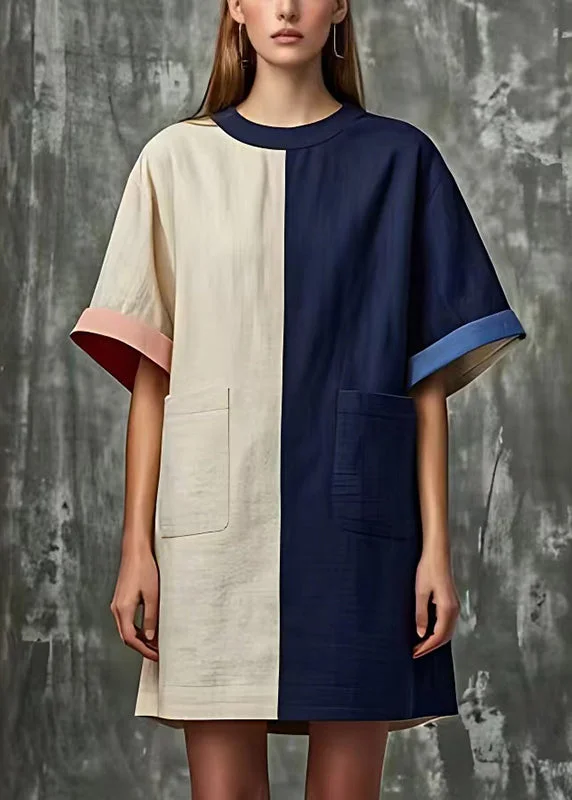 elegant shift dressWomen Colorblock Oversized Patchwork Pockets Linen Dress Summer