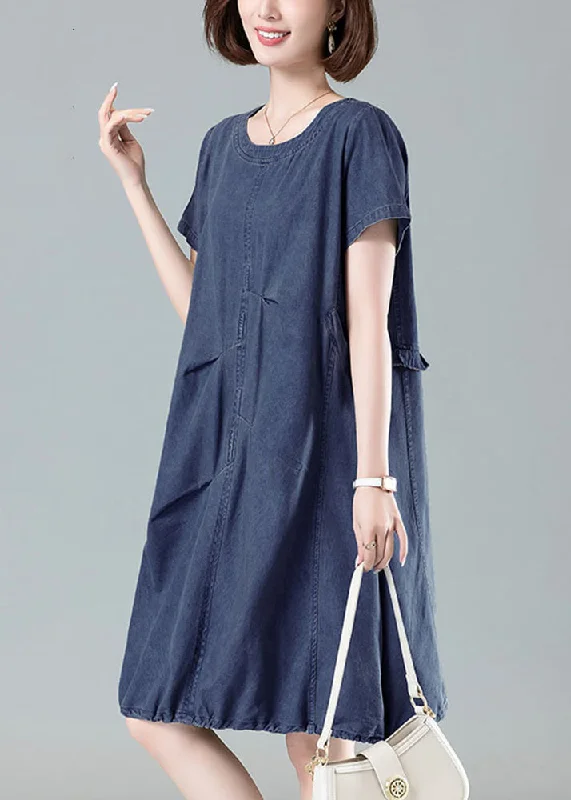 A-line dressWomen Navy Ruffled Drawstring Denim Dresses Summer