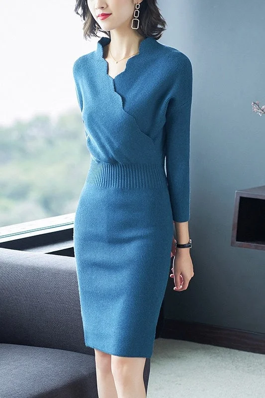 off-shoulder dressScallop V Neck Sweater Dress