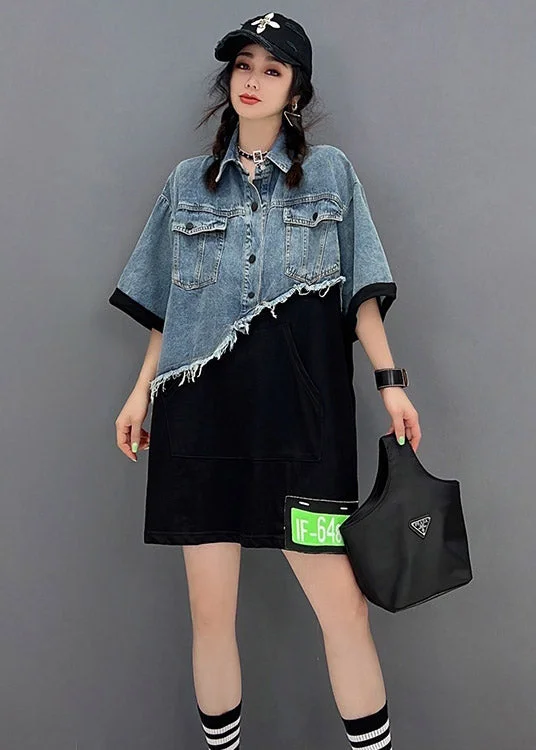 vintage dressClassy Blue Asymmetrical denim Patchwork Tulle Button Pockets Mid Dresses Short Sleeve