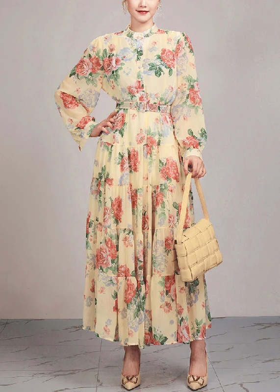 Final Sale romantic dressYellow Button Sashes Cotton Long Dress Stand Collar Fall