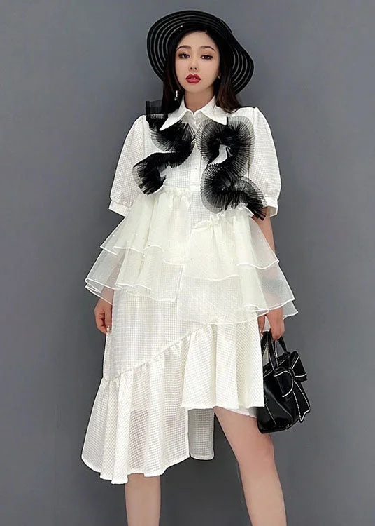 high-waisted dressWomen White Peter Pan Collar Asymmetrical Design Ruffles Patchwork Tulle Maxi Dresses Short Sleeve