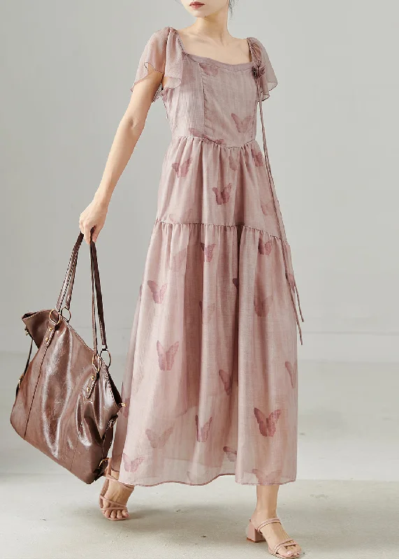 draped dressStyle Pink Print Three-dimensional Floral Cotton Holiday Dress Summer