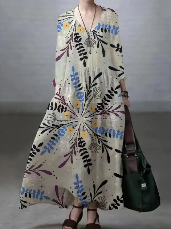Warehouse Sale denim dressFloral-leaves Simple and Loose V-neck Cotton and Linen Dress