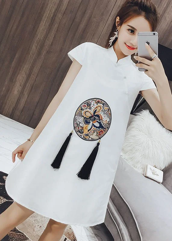 satin midi dressBeautiful White Stand Collar Print Tassel Button Cotton Mid Dresses Short Sleeve