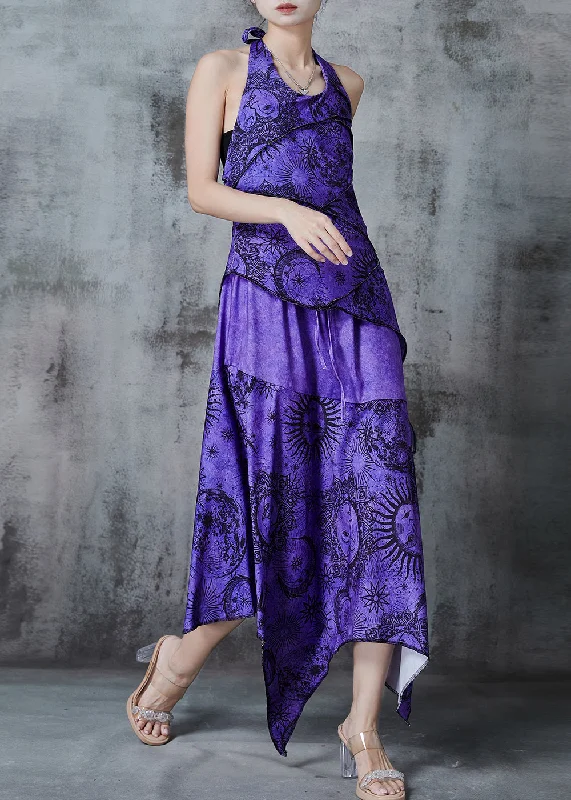 statement dressBoho Purple Asymmetrical Print Cotton Halter Dress Summer