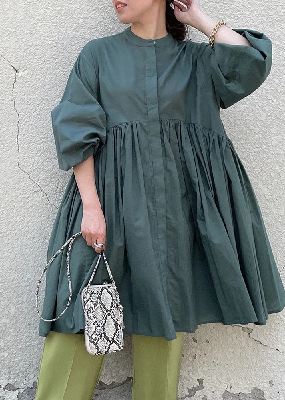 flowy maxi dressSimple Green Stand Collar Wrinkled Patchwork Cotton Dress Spring