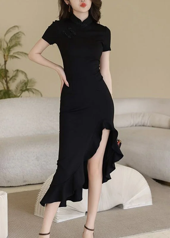 Online Only statement dressChinese Style Black Stand Collar Asymmetrical Long Dress Short Sleeve Online Only statement dressChinese Style Black Stand Collar Asymmetrical Long Dress Short Sleeve