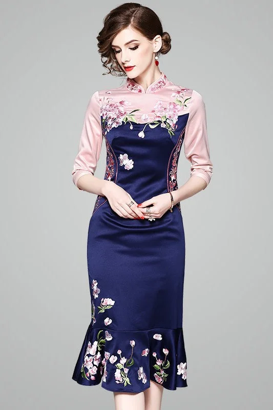 casual knit dressFloral Embroidered Ruffle Hem Qipao Dress