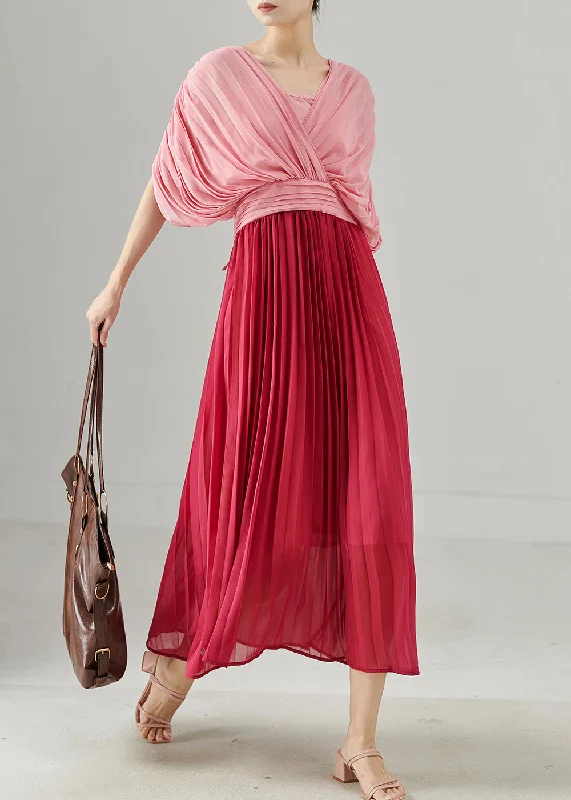 elegant maxi dressItalian Pink Patchwork Chiffon Pleated Dress Summer