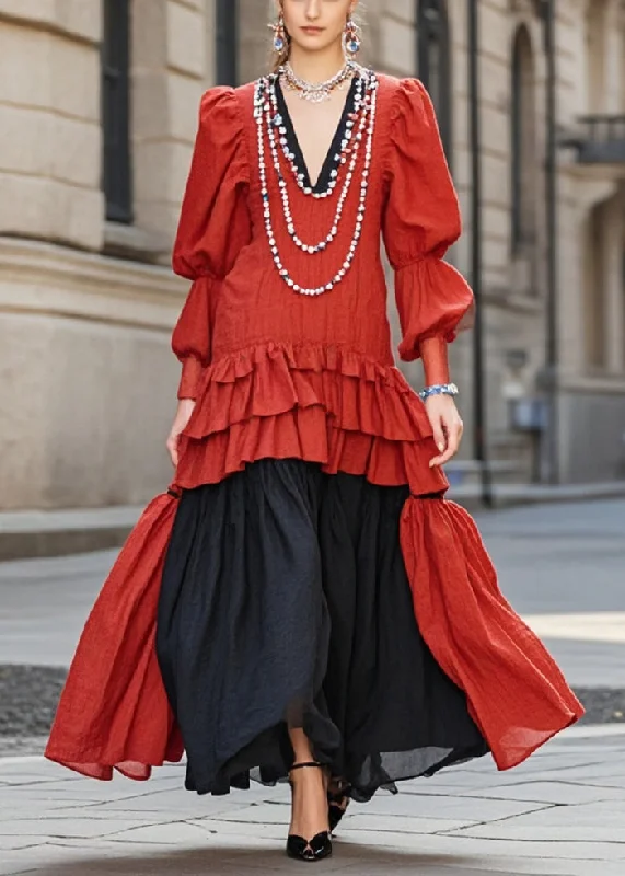 flowy dressBeautiful Red Ruffled Patchwork Cotton Vacation Dresses Lantern Sleeve