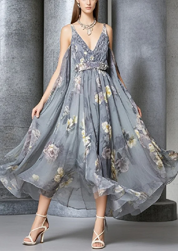 Buy Now one-shoulder dressWomen Grey Oversized Print Chiffon Cami Dress Summer