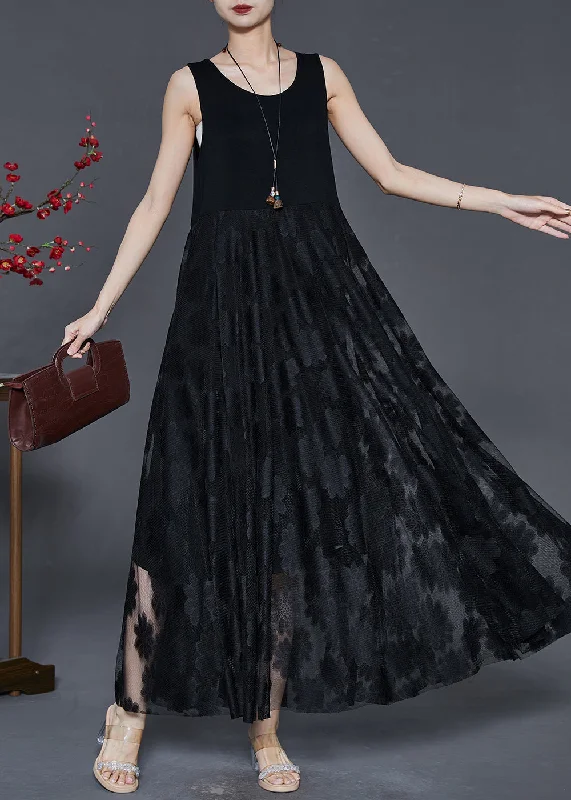 Fantastic Offers draped dressClassy Black Embroidered Lace Long Dress Sleeveless