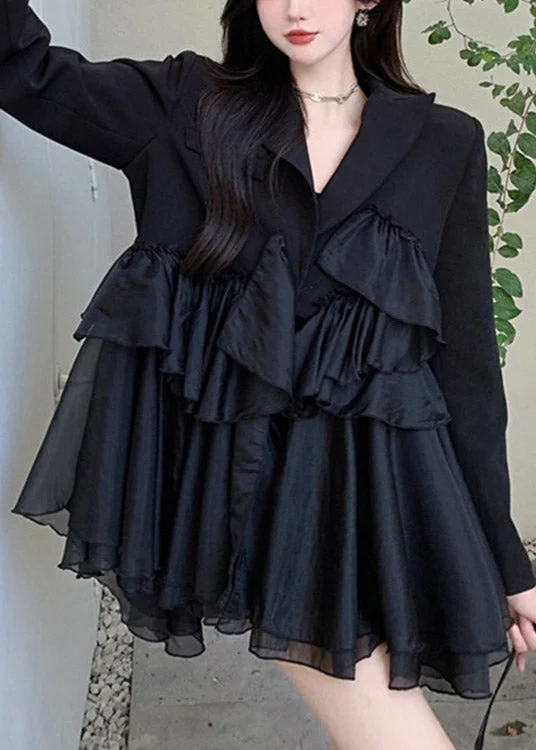 mini dressSexy Black Notched Asymmetrical Patchwork Mini Pleated Dress Long Sleeve