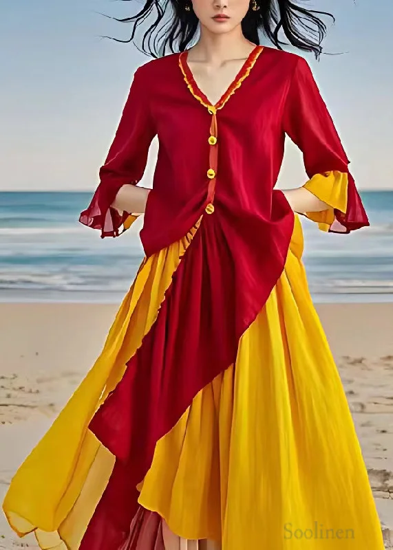 Final Clearance satin dressStylish Red V Neck Asymmetrical Patchwork Cotton Dresses Flare Sleeve Final Clearance satin dressStylish Red V Neck Asymmetrical Patchwork Cotton Dresses Flare Sleeve